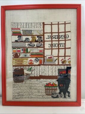 70s Caron Crewel Embroidery Framed Wall Art Country General Store